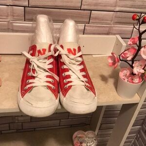 Red and White High-Top Sneakers